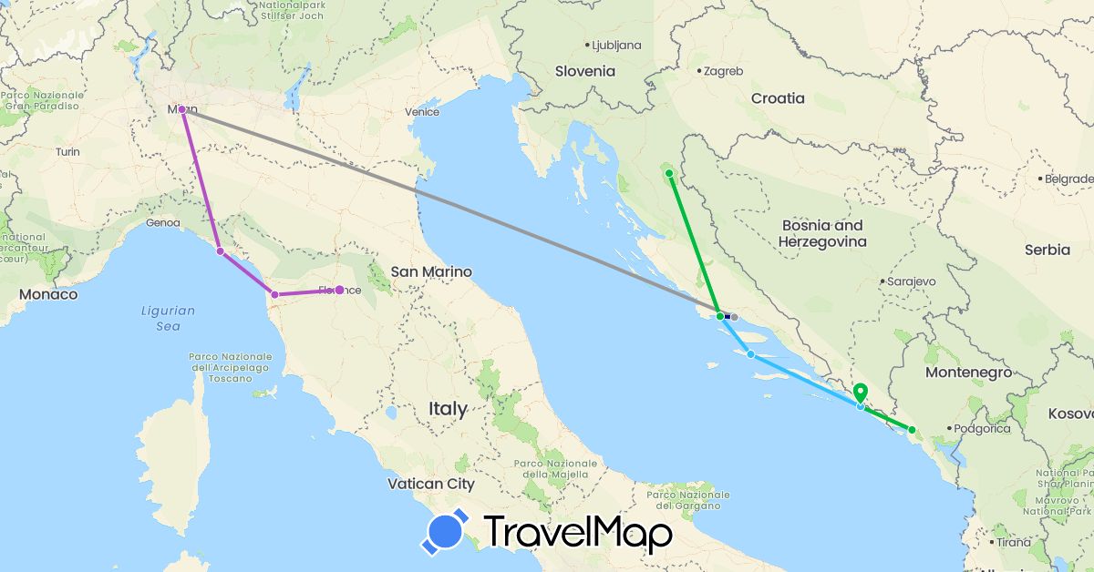 TravelMap itinerary: driving, bus, plane, train, boat in Croatia, Italy, Montenegro (Europe)